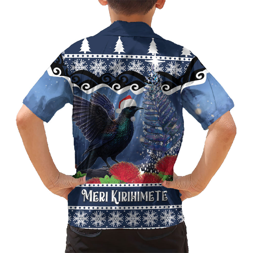 New Zealand Tui Bird Christmas Family Matching Short Sleeve Bodycon Dress and Hawaiian Shirt Pohutukawa Xmas Tree Meri Kirihimete