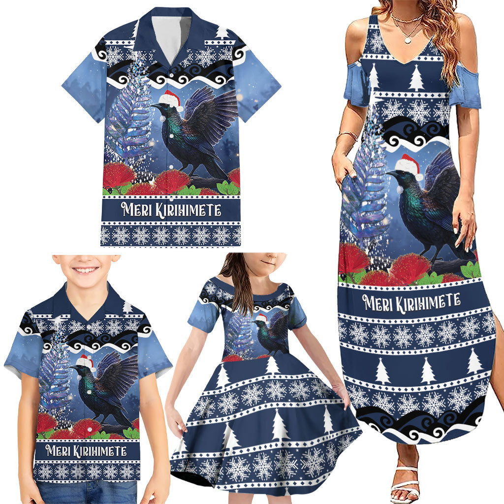 New Zealand Tui Bird Christmas Family Matching Summer Maxi Dress and Hawaiian Shirt Pohutukawa Xmas Tree Meri Kirihimete