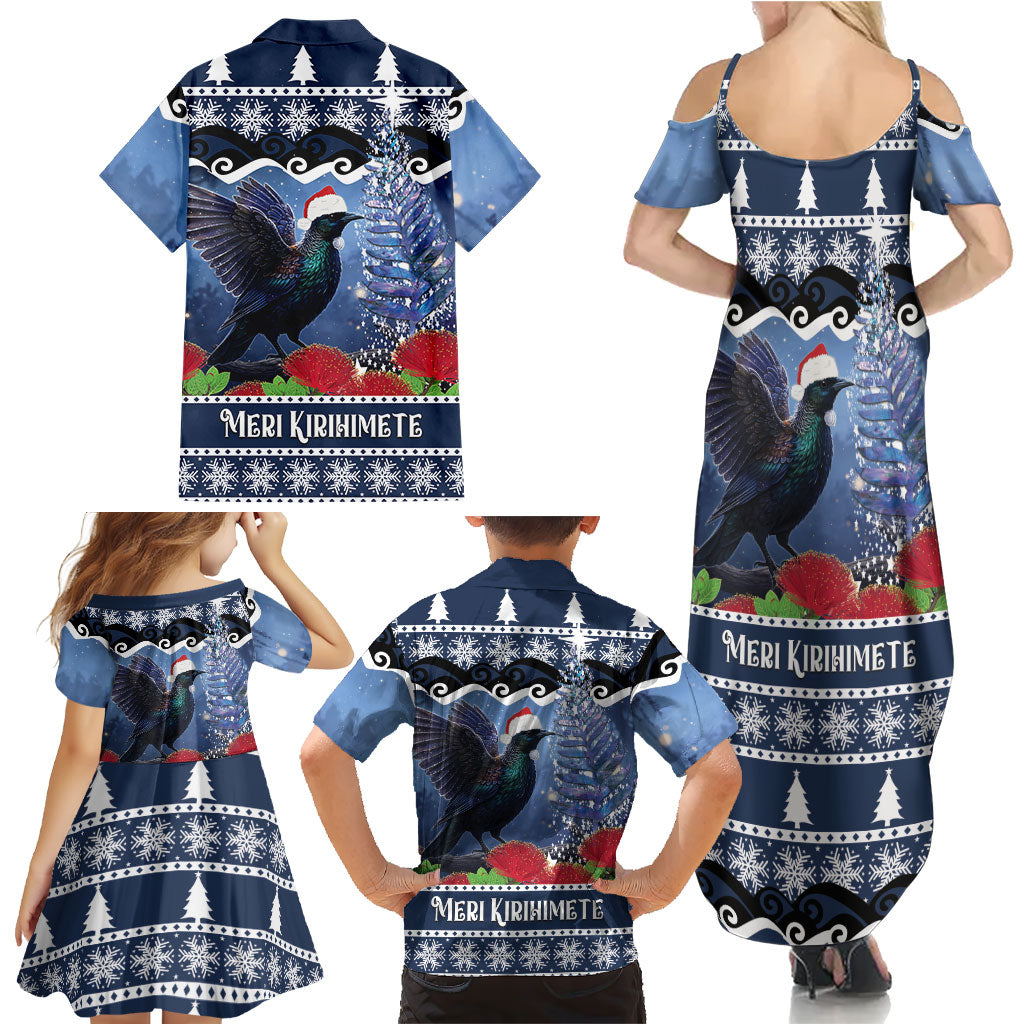 New Zealand Tui Bird Christmas Family Matching Summer Maxi Dress and Hawaiian Shirt Pohutukawa Xmas Tree Meri Kirihimete