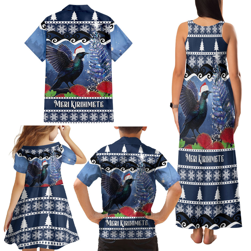 New Zealand Tui Bird Christmas Family Matching Tank Maxi Dress and Hawaiian Shirt Pohutukawa Xmas Tree Meri Kirihimete