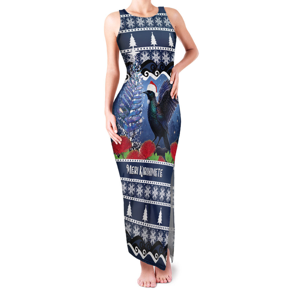 New Zealand Tui Bird Christmas Family Matching Tank Maxi Dress and Hawaiian Shirt Pohutukawa Xmas Tree Meri Kirihimete