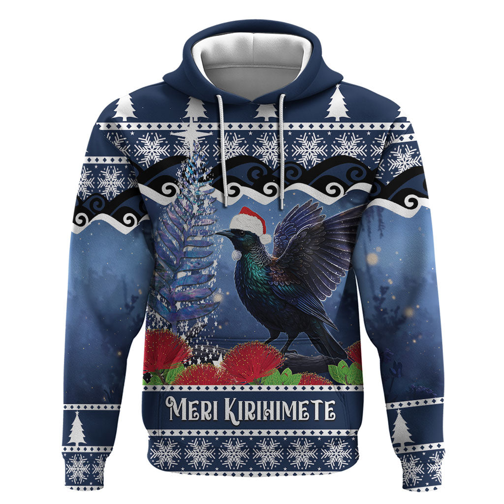 New Zealand Tui Bird Christmas Hoodie Pohutukawa Xmas Tree Meri Kirihimete LT22 Pullover Hoodie Blue - Polynesian Pride