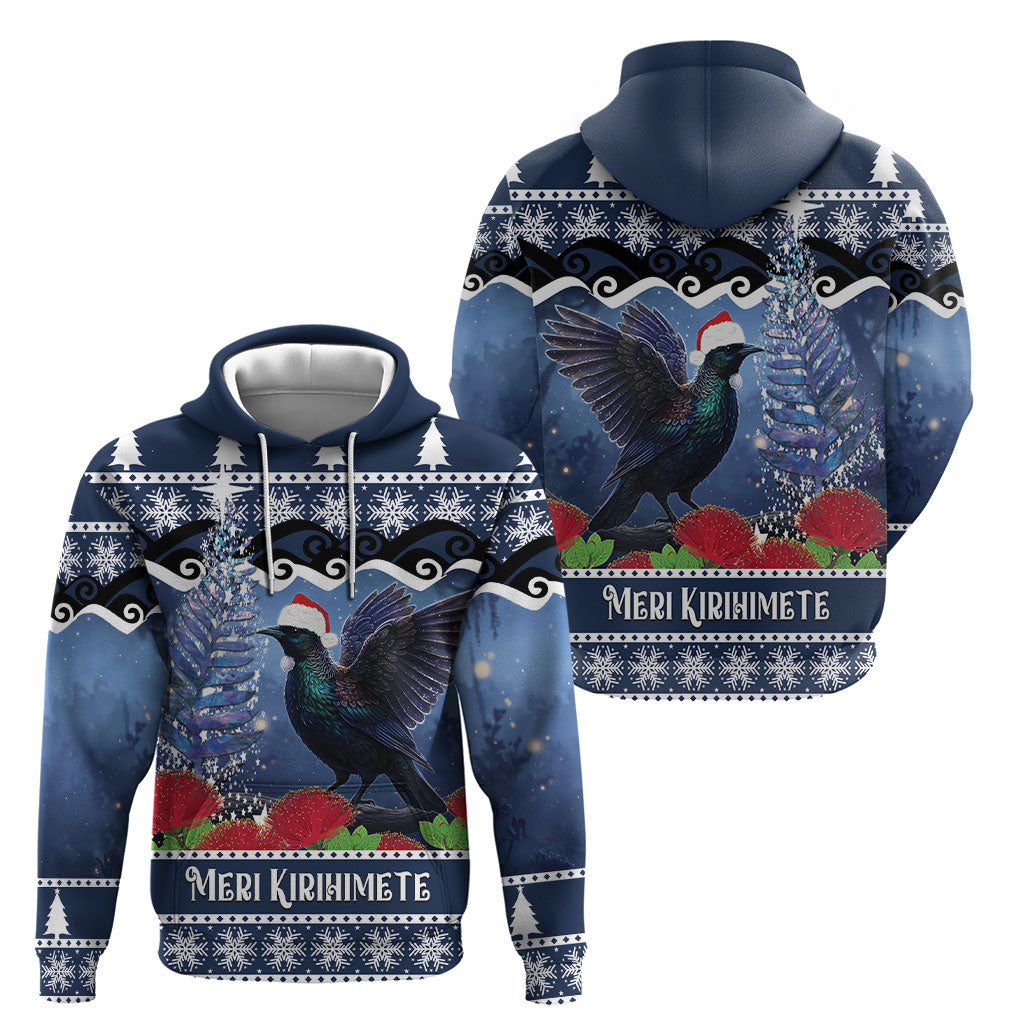 New Zealand Tui Bird Christmas Hoodie Pohutukawa Xmas Tree Meri Kirihimete
