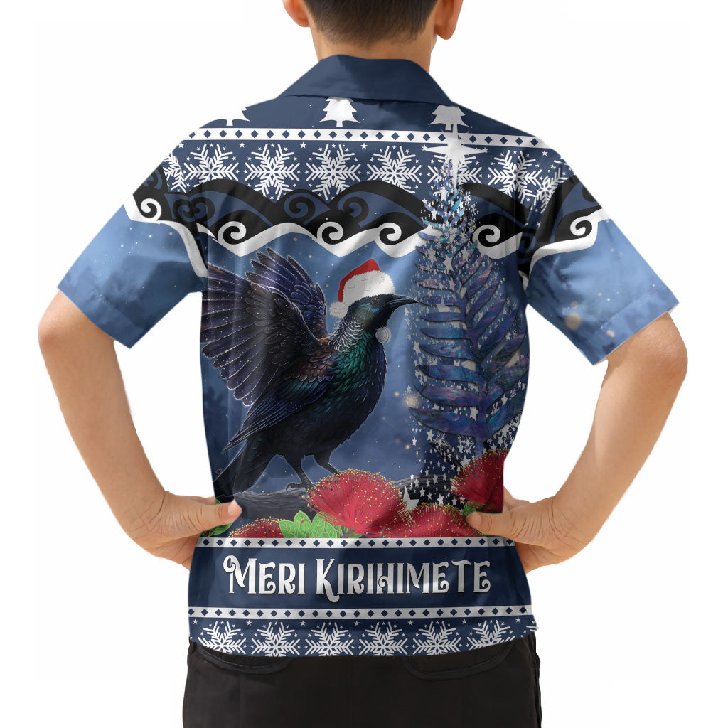 New Zealand Tui Bird Christmas Kid Hawaiian Shirt Pohutukawa Xmas Tree Meri Kirihimete LT22 - Polynesian Pride