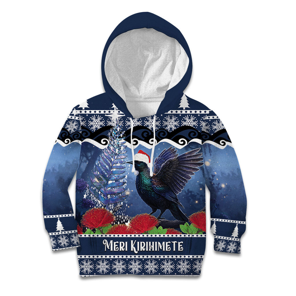 New Zealand Tui Bird Christmas Kid Hoodie Pohutukawa Xmas Tree Meri Kirihimete LT22 Hoodie Blue - Polynesian Pride