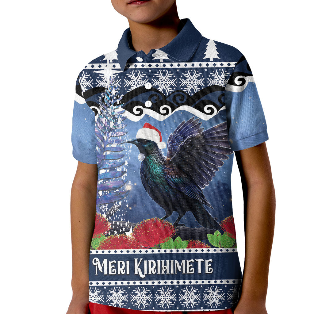 New Zealand Tui Bird Christmas Kid Polo Shirt Pohutukawa Xmas Tree Meri Kirihimete LT22 Kid Blue - Polynesian Pride