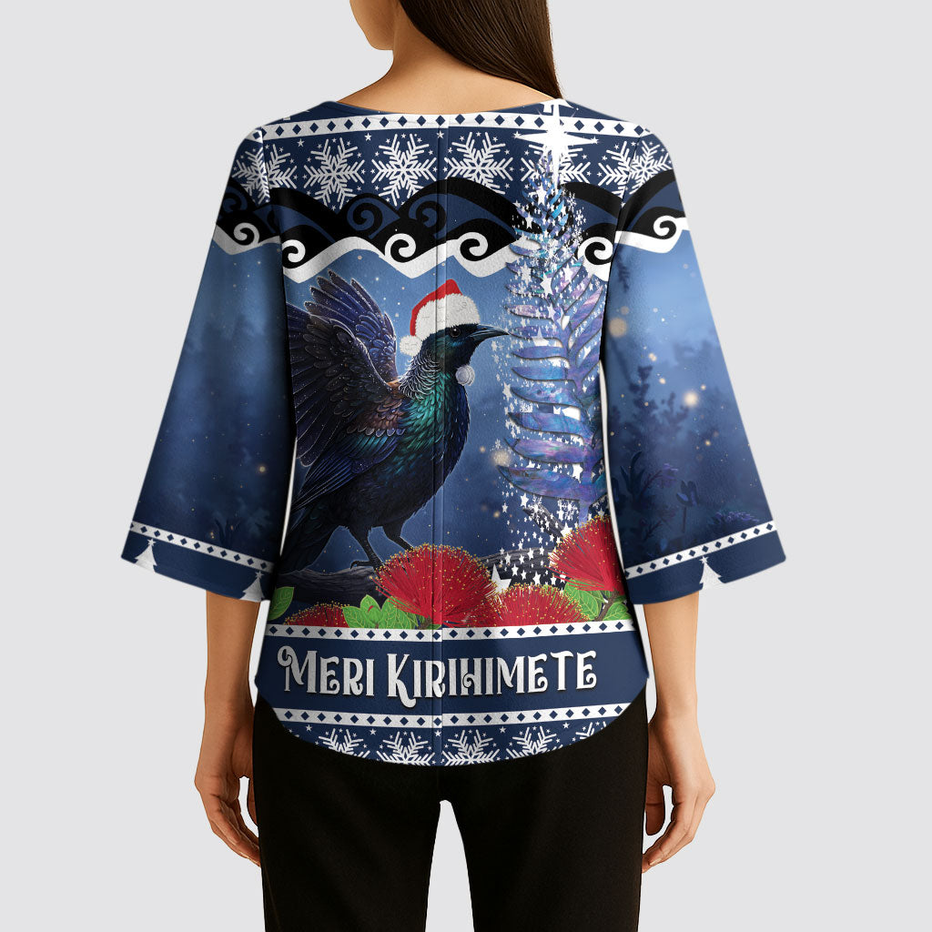 New Zealand Tui Bird Christmas Kimono Sleeve Blouse Pohutukawa Xmas Tree Meri Kirihimete