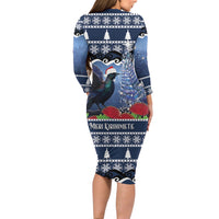 New Zealand Tui Bird Christmas Long Sleeve Bodycon Dress Pohutukawa Xmas Tree Meri Kirihimete