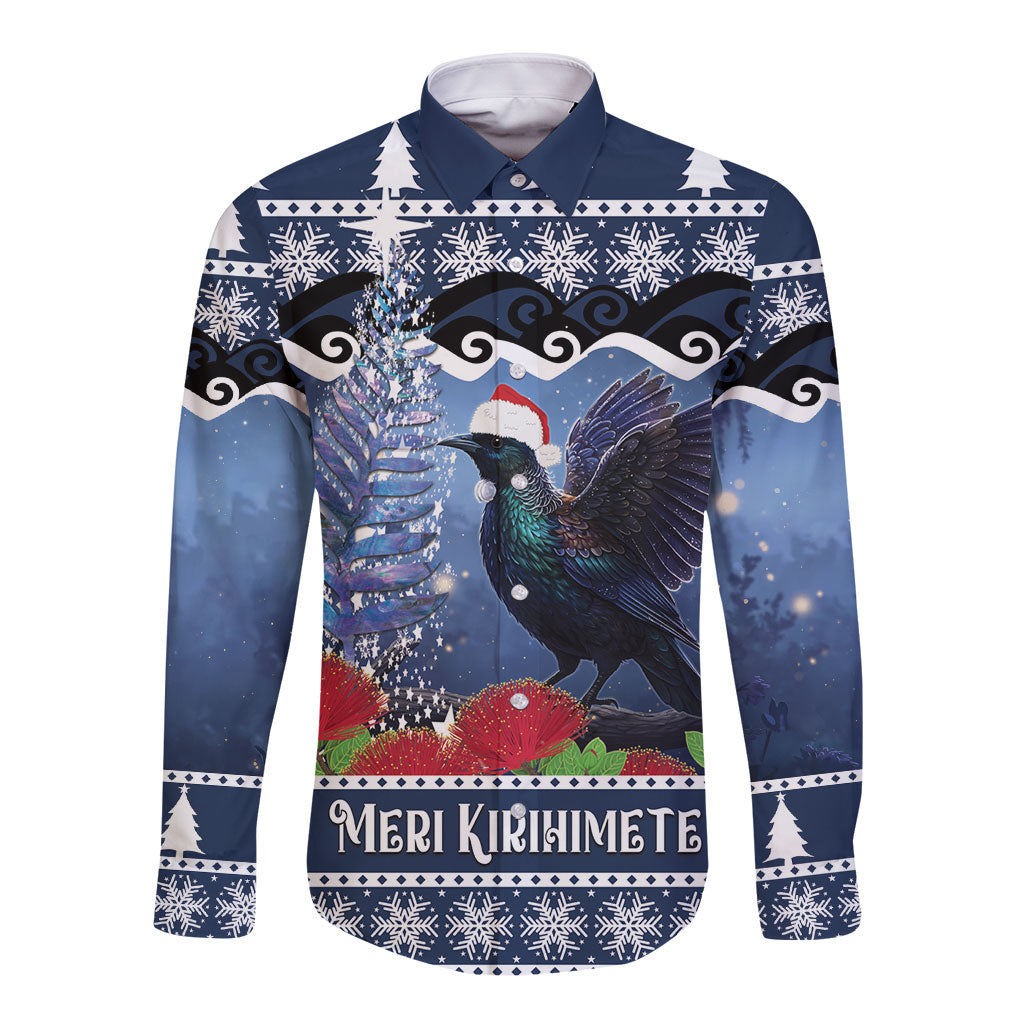 New Zealand Tui Bird Christmas Long Sleeve Button Shirt Pohutukawa Xmas Tree Meri Kirihimete
