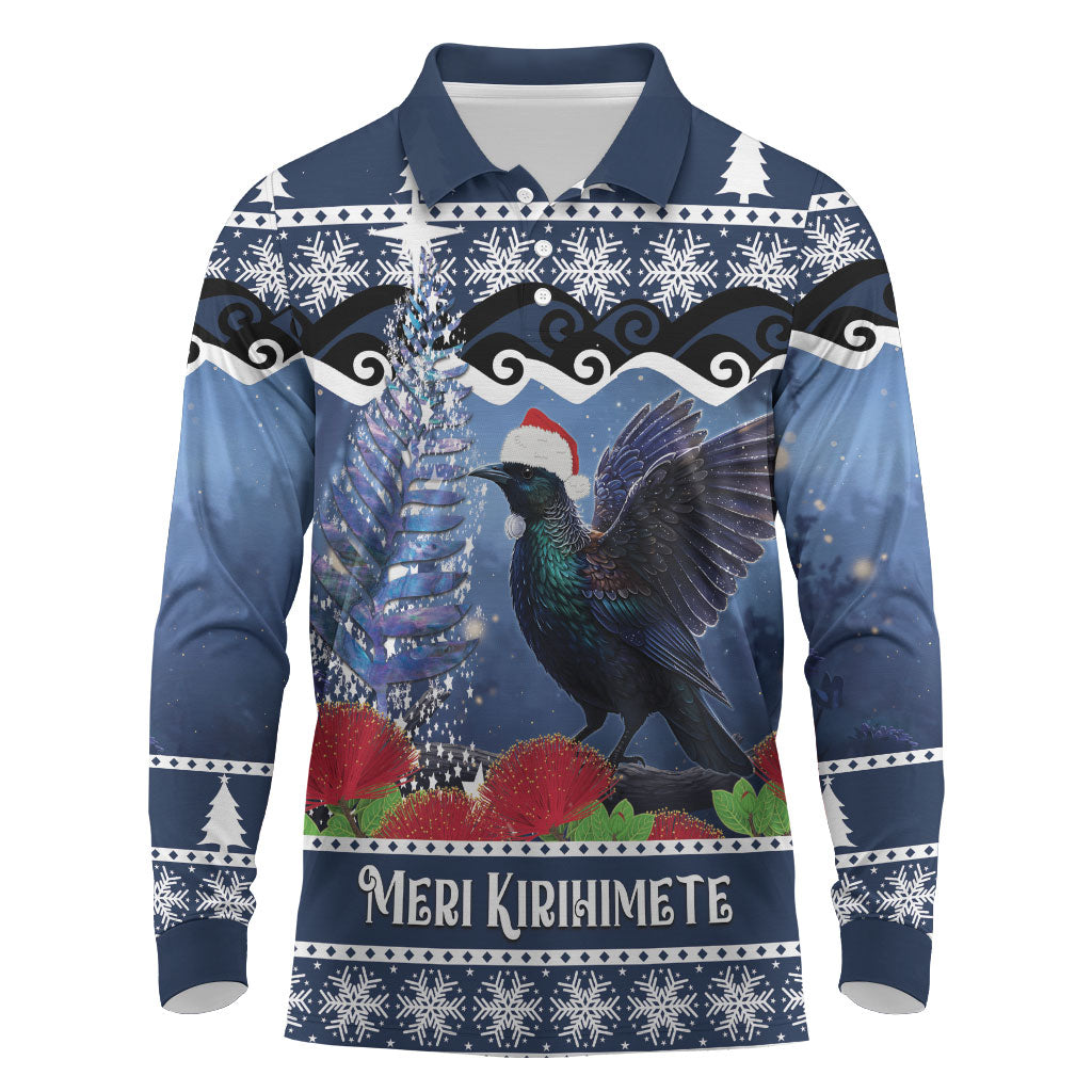 New Zealand Tui Bird Christmas Long Sleeve Polo Shirt Pohutukawa Xmas Tree Meri Kirihimete LT22 Blue - Polynesian Pride