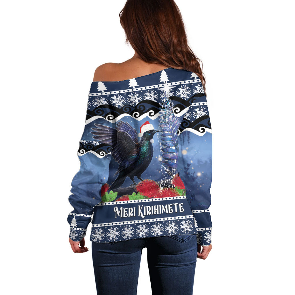 New Zealand Tui Bird Christmas Off Shoulder Sweater Pohutukawa Xmas Tree Meri Kirihimete