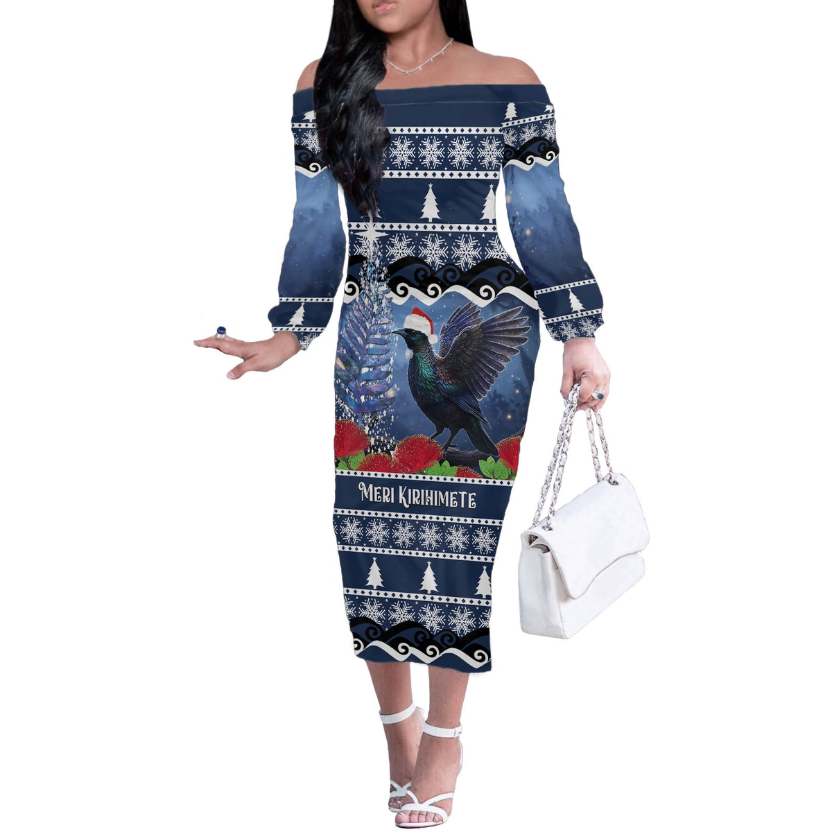 New Zealand Tui Bird Christmas Off The Shoulder Long Sleeve Dress Pohutukawa Xmas Tree Meri Kirihimete