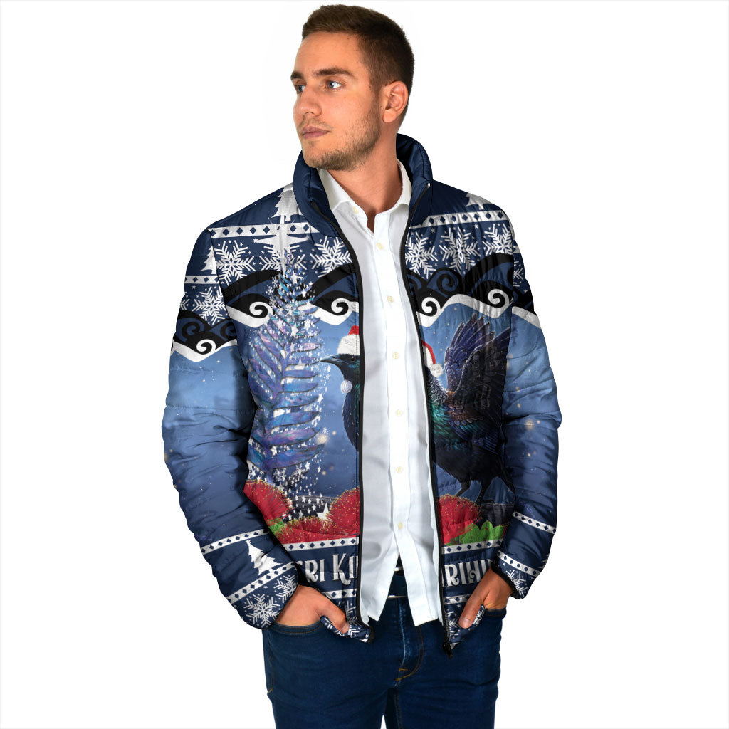 New Zealand Tui Bird Christmas Padded Jacket Pohutukawa Xmas Tree Meri Kirihimete