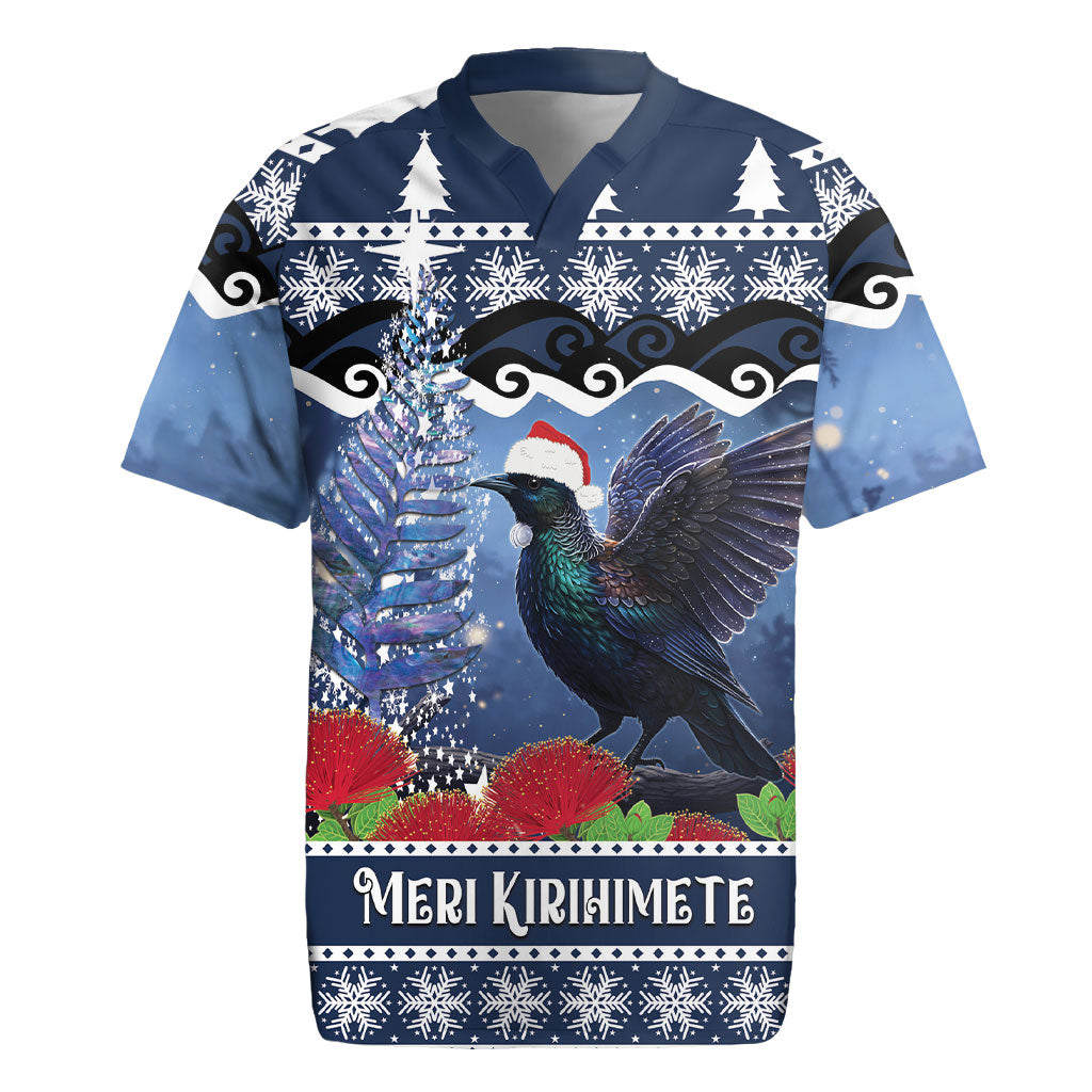 New Zealand Tui Bird Christmas Rugby Jersey Pohutukawa Xmas Tree Meri Kirihimete LT22 Blue - Polynesian Pride