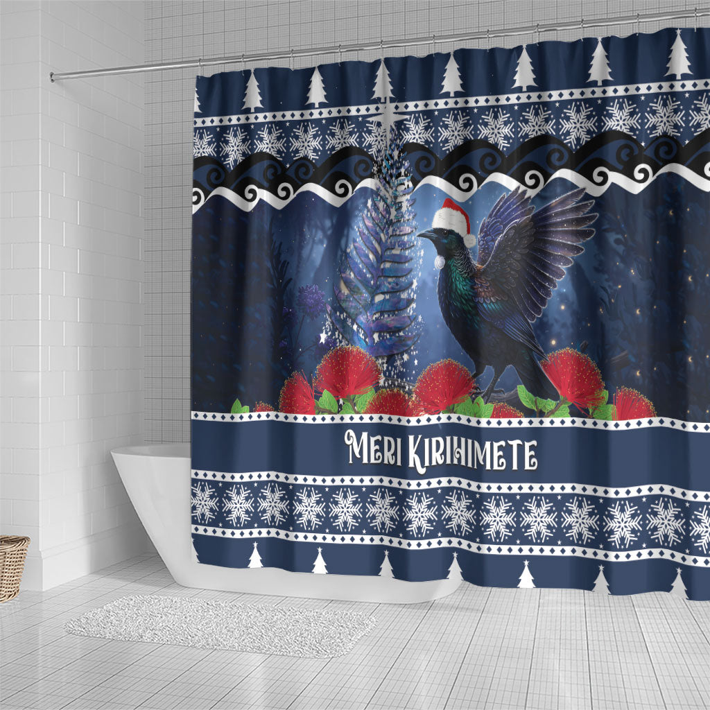 New Zealand Tui Bird Christmas Shower Curtain Pohutukawa Xmas Tree Meri Kirihimete