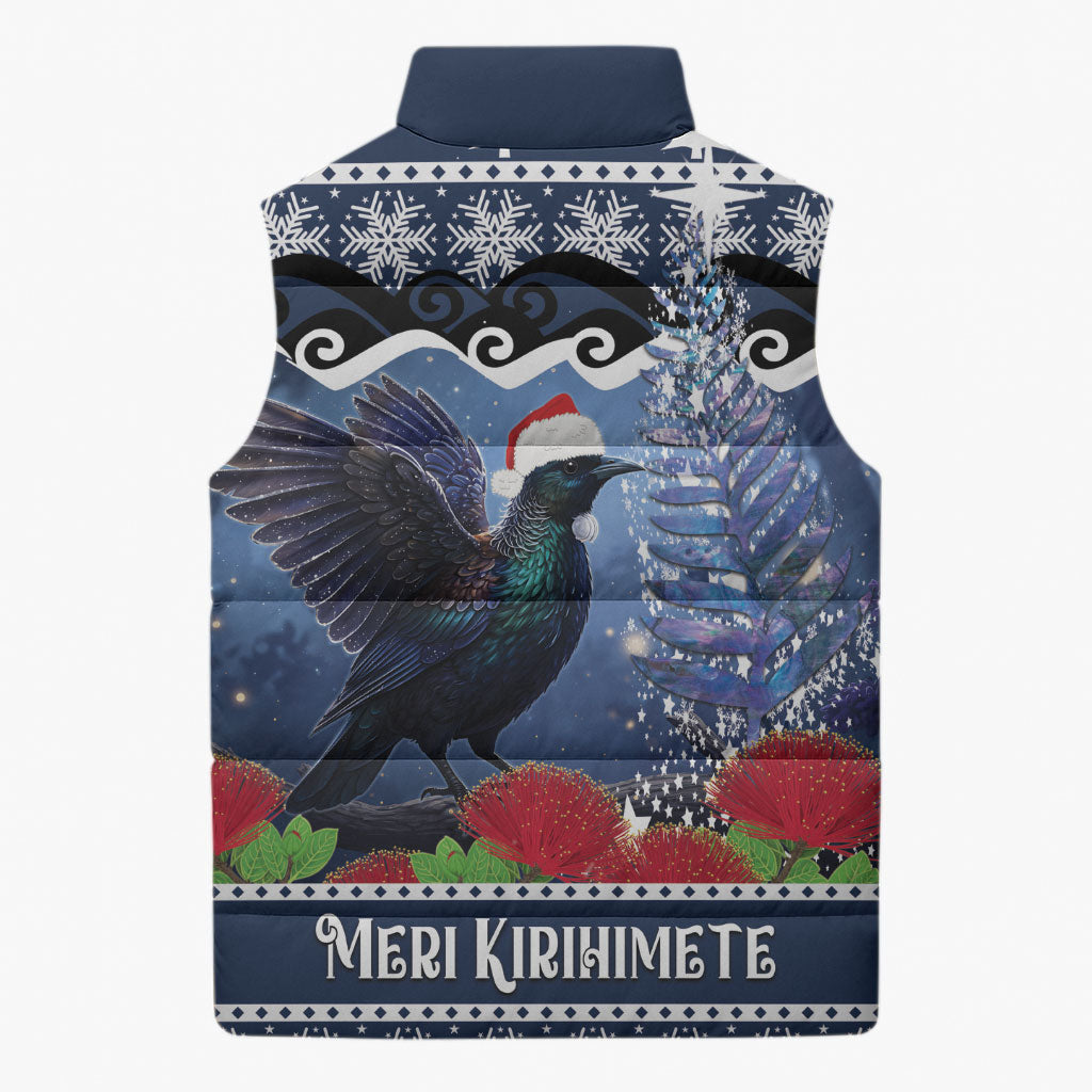 New Zealand Tui Bird Christmas Sleeveless Puffer Jacket Pohutukawa Xmas Tree Meri Kirihimete