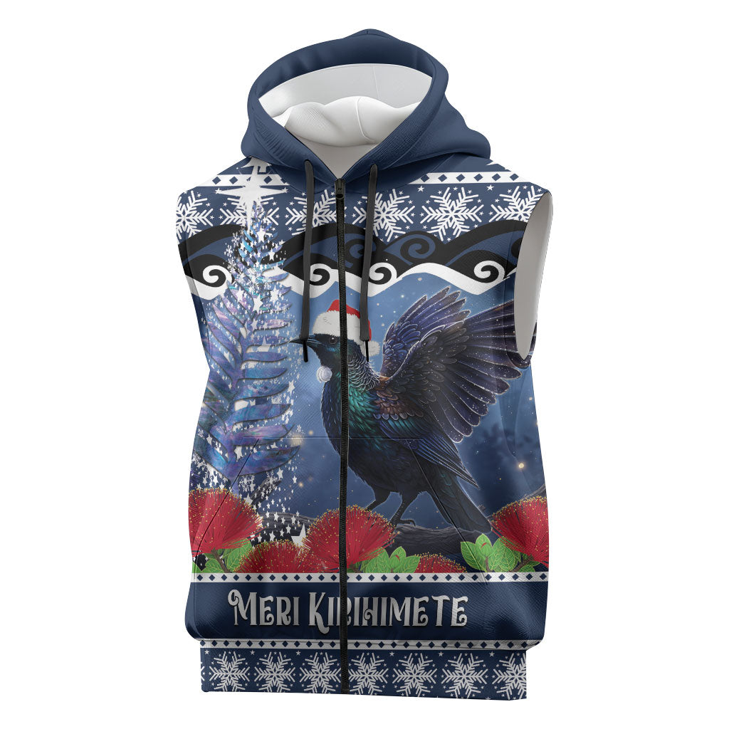 New Zealand Tui Bird Christmas Sleeveless Zip Hoodie Pohutukawa Xmas Tree Meri Kirihimete LT22 Blue - Polynesian Pride
