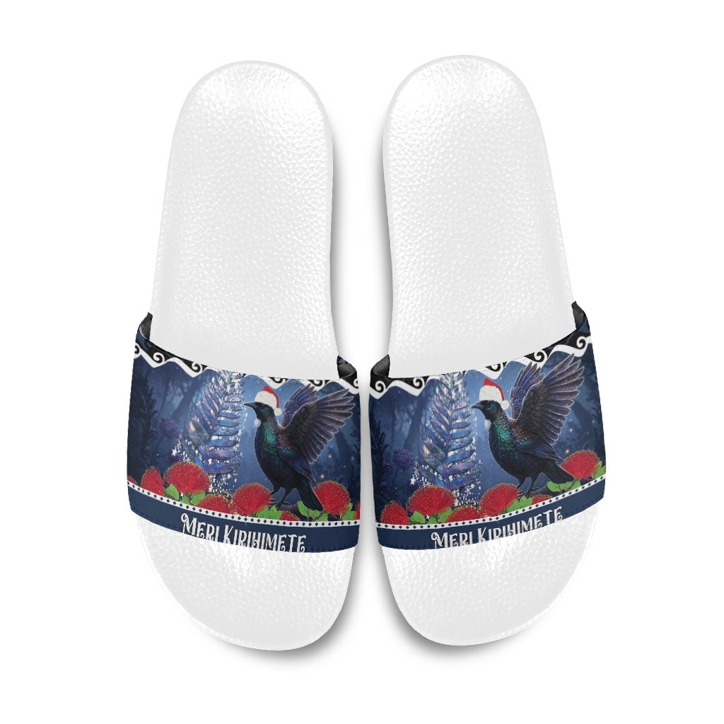 New Zealand Tui Bird Christmas Slide Sandals Pohutukawa Xmas Tree Meri Kirihimete