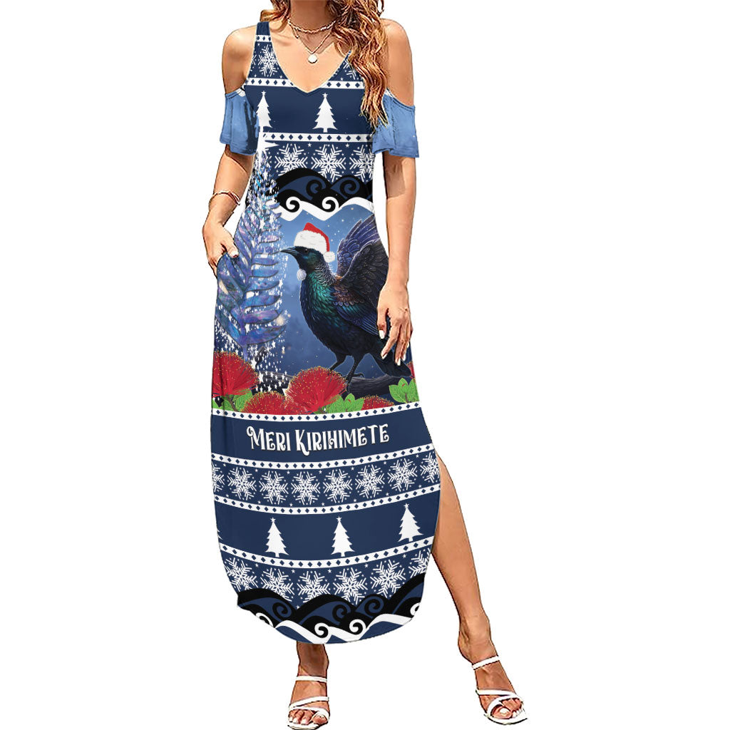 New Zealand Tui Bird Christmas Summer Maxi Dress Pohutukawa Xmas Tree Meri Kirihimete