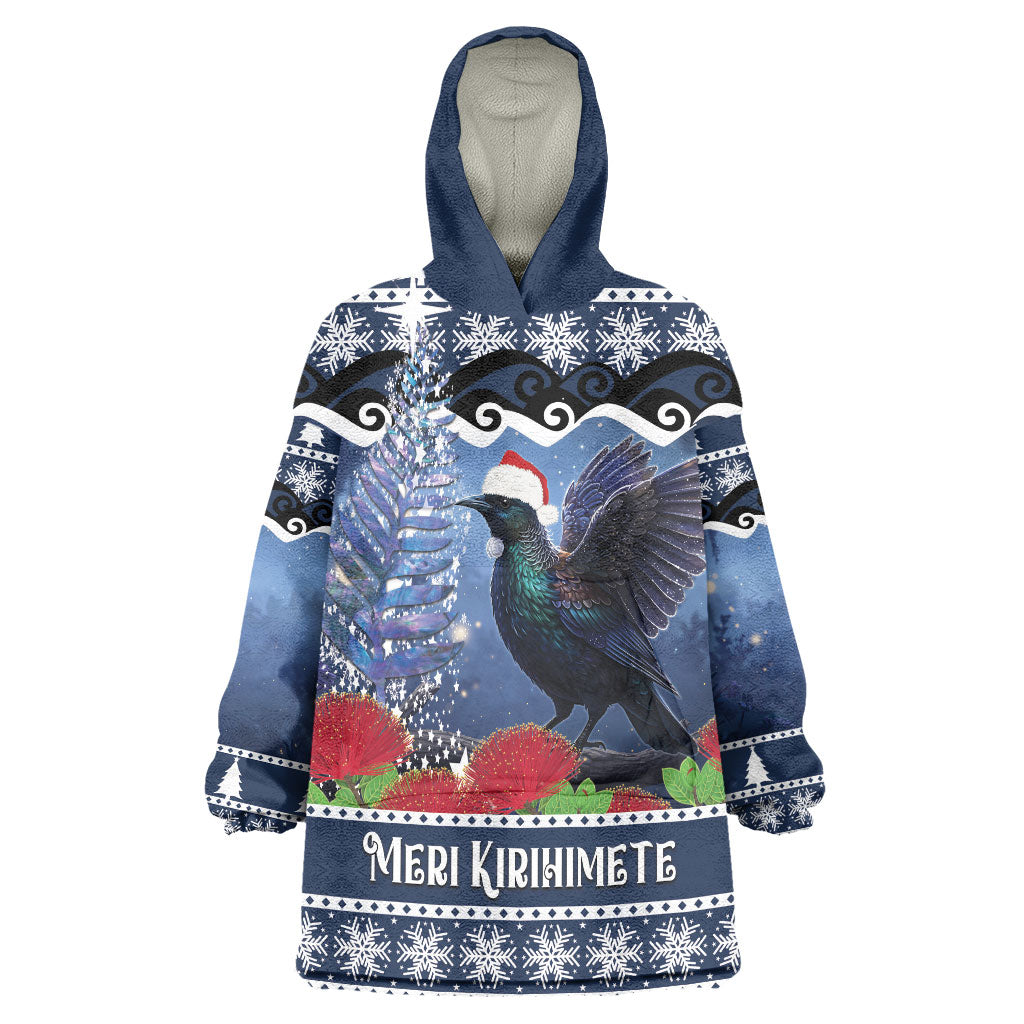 New Zealand Tui Bird Christmas Wearable Blanket Hoodie Pohutukawa Xmas Tree Meri Kirihimete