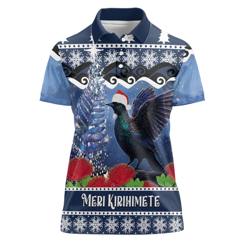 New Zealand Tui Bird Christmas Women Polo Shirt Pohutukawa Xmas Tree Meri Kirihimete LT22 Female Blue - Polynesian Pride