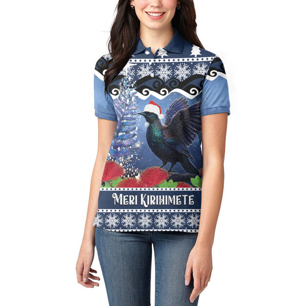 New Zealand Tui Bird Christmas Women Polo Shirt Pohutukawa Xmas Tree Meri Kirihimete
