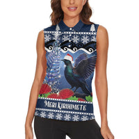 New Zealand Tui Bird Christmas Women Sleeveless Polo Shirt Pohutukawa Xmas Tree Meri Kirihimete