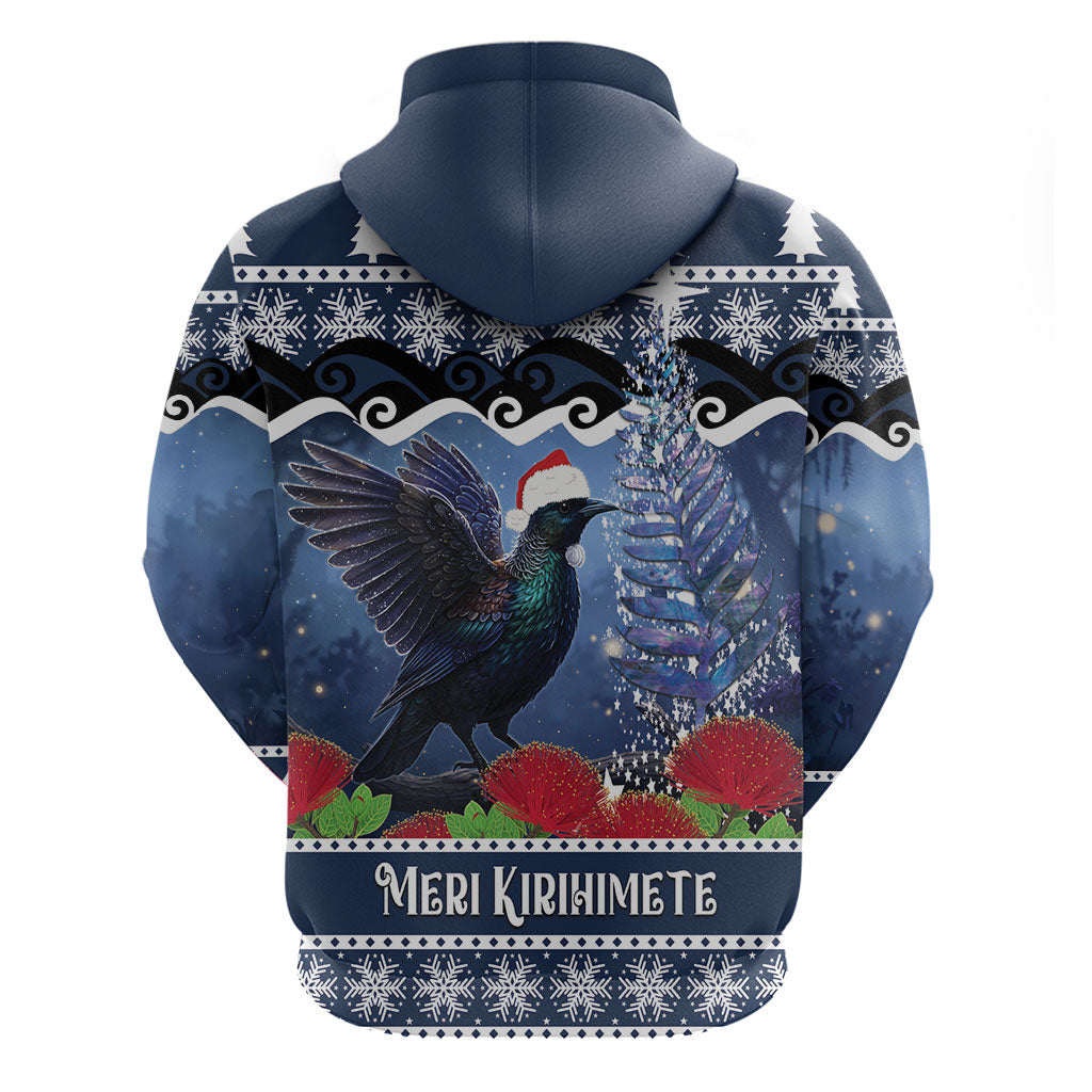 New Zealand Tui Bird Christmas Zip Hoodie Pohutukawa Xmas Tree Meri Kirihimete