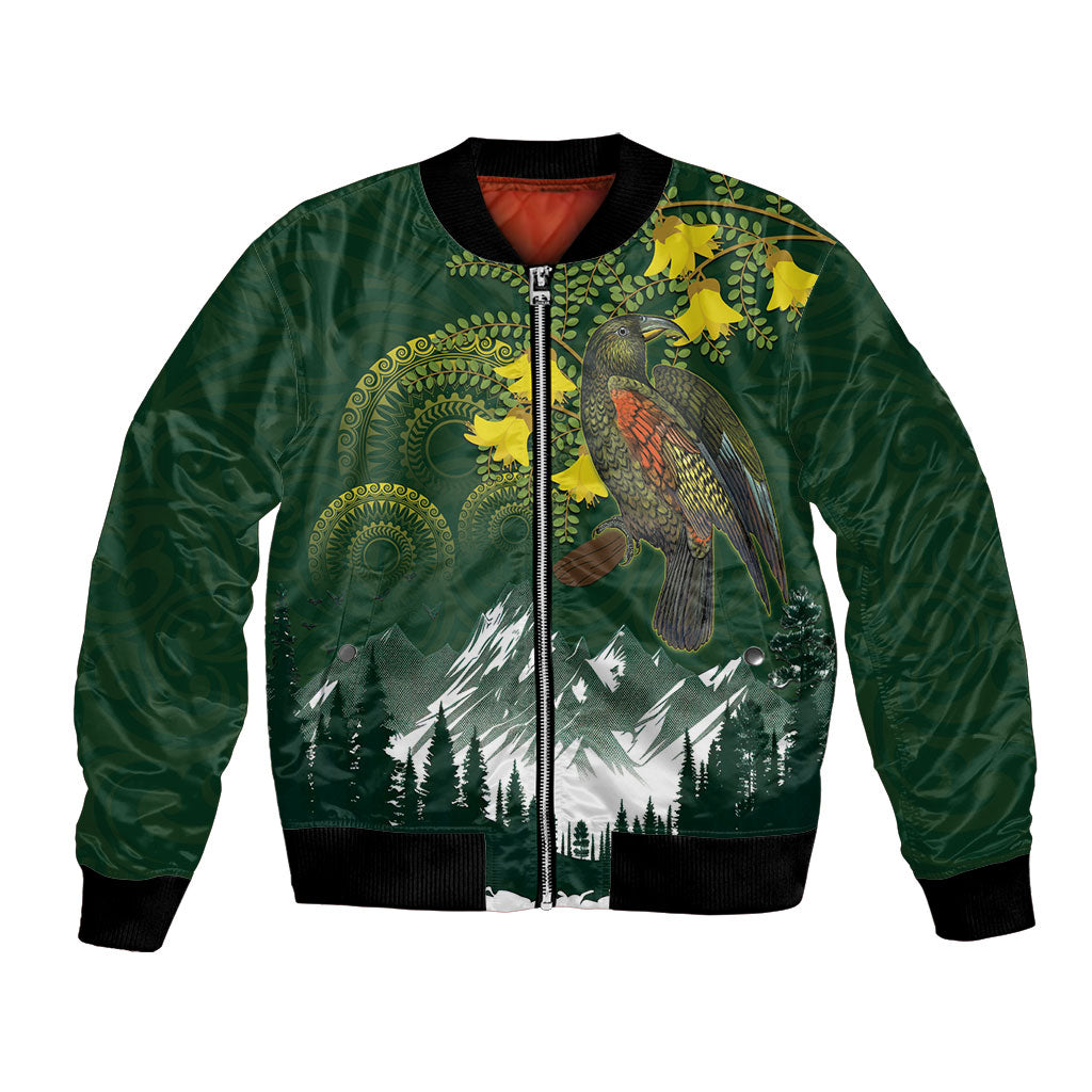 Kea Bird Kowhai New Zealand Bomber Jacket Mountain Landscape Maori Art