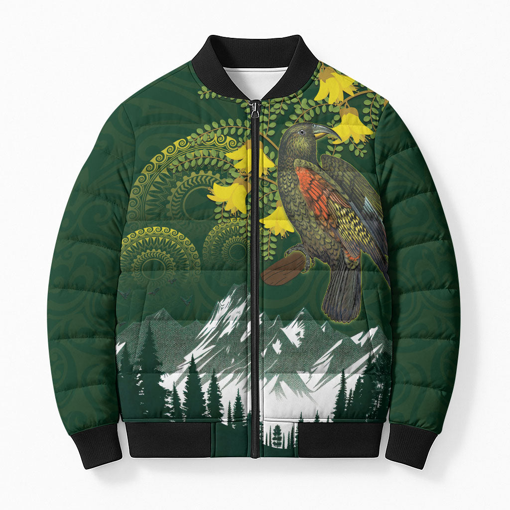 Kea Bird Kowhai New Zealand Bomber Puffer Jacket Mountain Landscape Maori Art