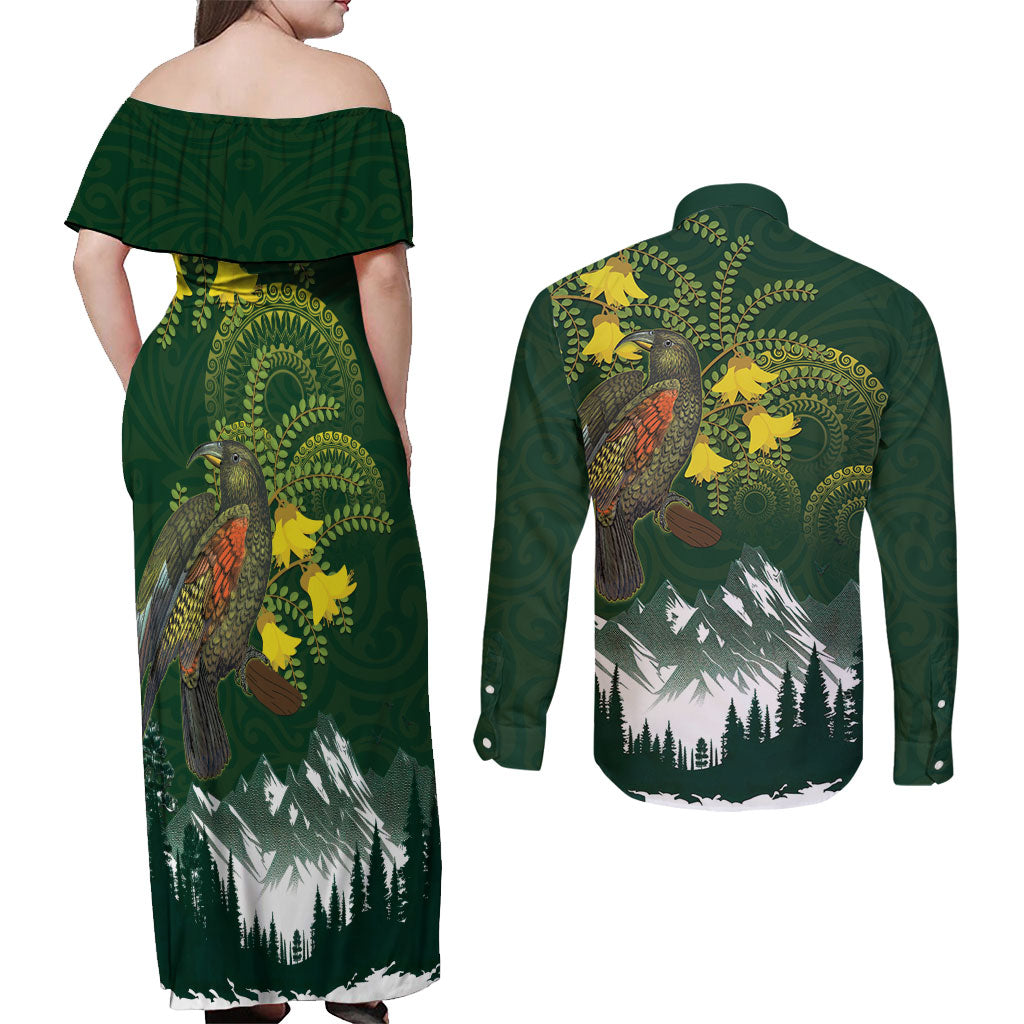 Kea Bird Kowhai New Zealand Couples Matching Off Shoulder Maxi Dress and Long Sleeve Button Shirt Mountain Landscape Maori Art