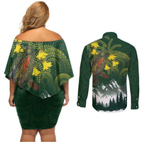 Kea Bird Kowhai New Zealand Couples Matching Off Shoulder Short Dress and Long Sleeve Button Shirt Mountain Landscape Maori Art