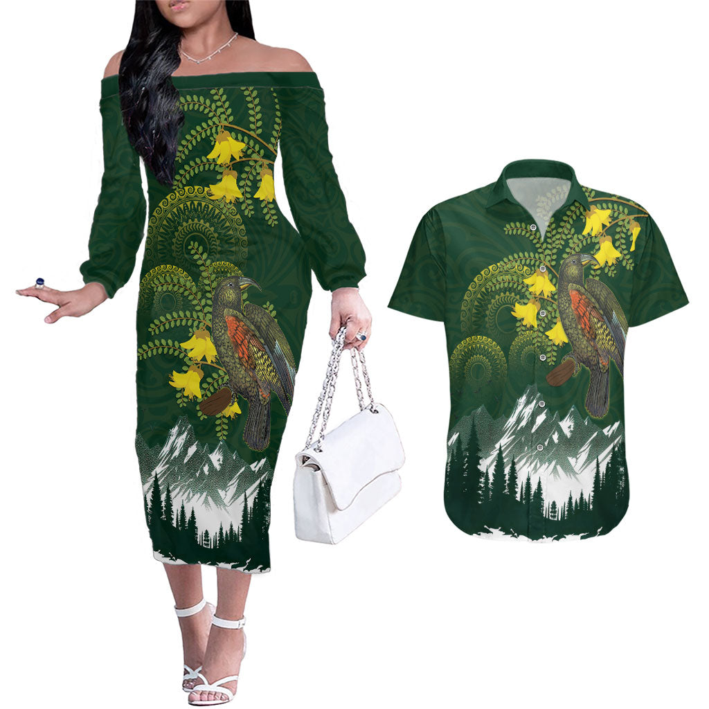 Kea Bird Kowhai New Zealand Couples Matching Off The Shoulder Long Sleeve Dress and Hawaiian Shirt Mountain Landscape Maori Art