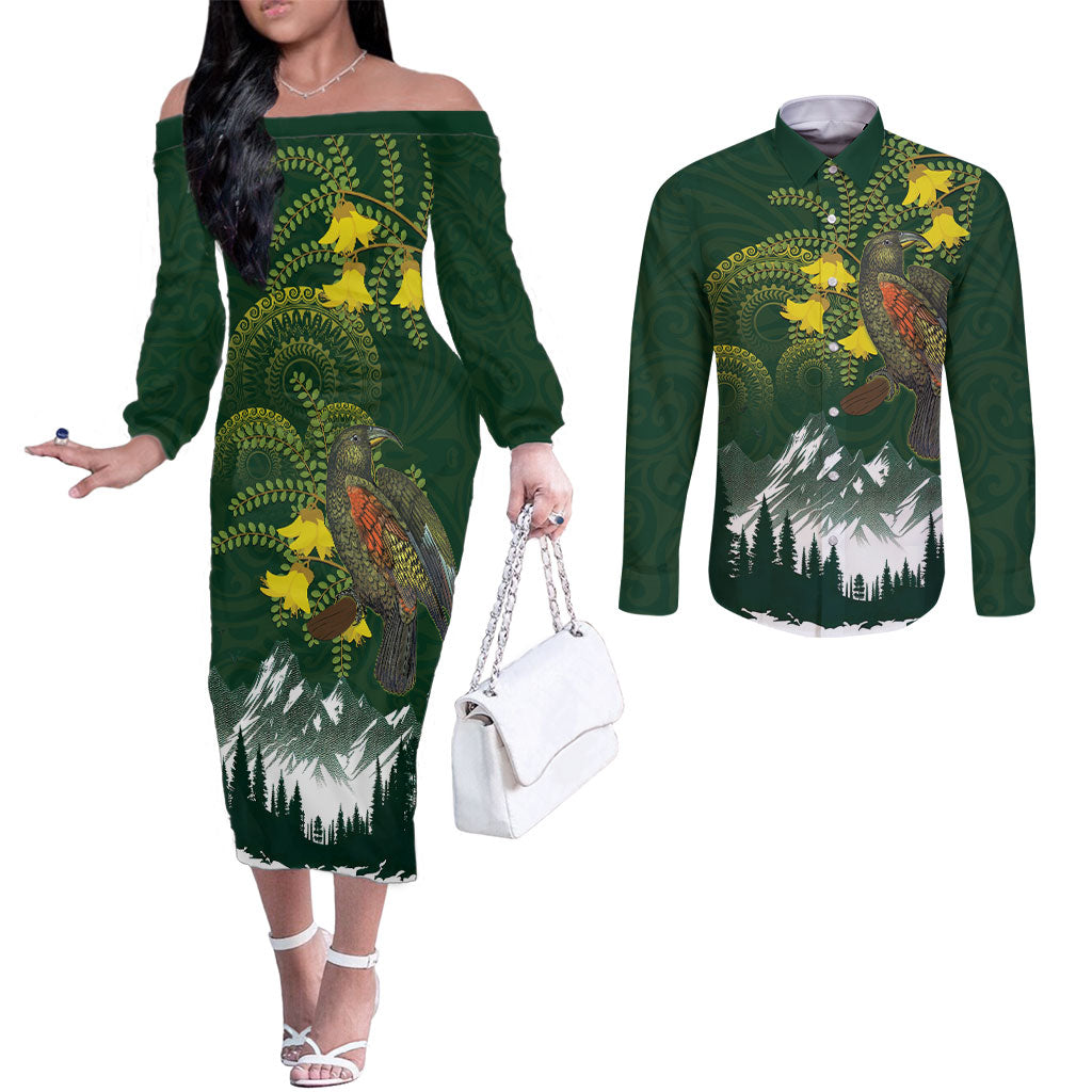 Kea Bird Kowhai New Zealand Couples Matching Off The Shoulder Long Sleeve Dress and Long Sleeve Button Shirt Mountain Landscape Maori Art