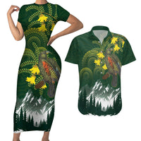 Kea Bird Kowhai New Zealand Couples Matching Short Sleeve Bodycon Dress and Hawaiian Shirt Mountain Landscape Maori Art