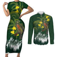 Kea Bird Kowhai New Zealand Couples Matching Short Sleeve Bodycon Dress and Long Sleeve Button Shirt Mountain Landscape Maori Art