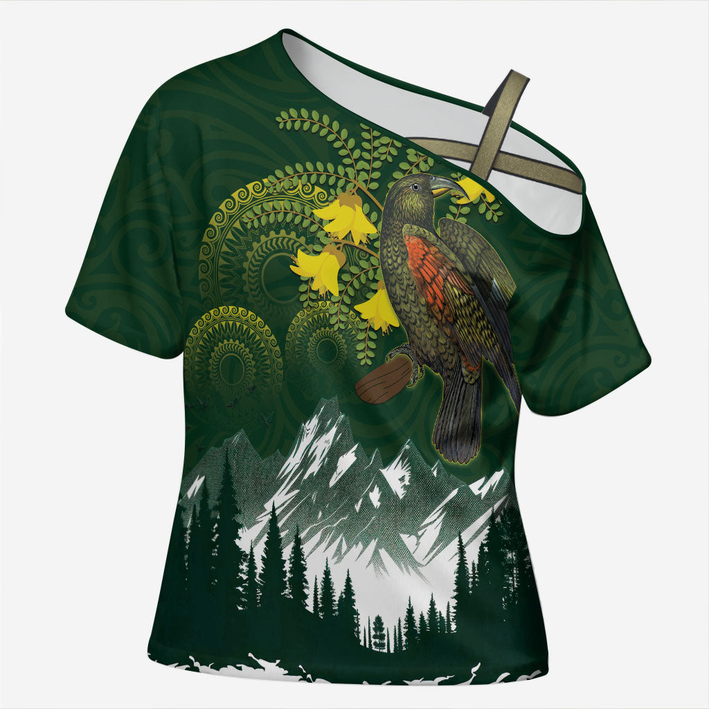 Kea Bird Kowhai New Zealand Cross Shoulder Shirt Mountain Landscape Maori Art LT22 Female Green - Polynesian Pride