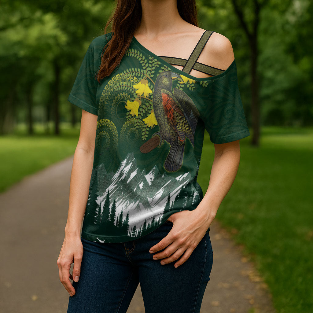 Kea Bird Kowhai New Zealand Cross Shoulder Shirt Mountain Landscape Maori Art LT22 - Polynesian Pride