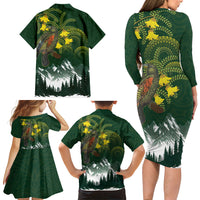 Kea Bird Kowhai New Zealand Family Matching Long Sleeve Bodycon Dress and Hawaiian Shirt Mountain Landscape Maori Art