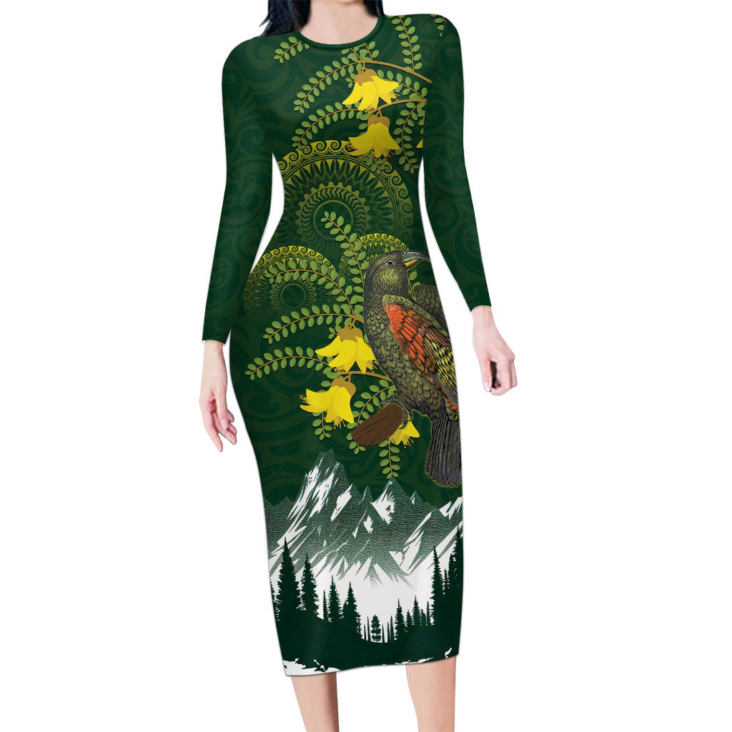 Kea Bird Kowhai New Zealand Family Matching Long Sleeve Bodycon Dress and Hawaiian Shirt Mountain Landscape Maori Art