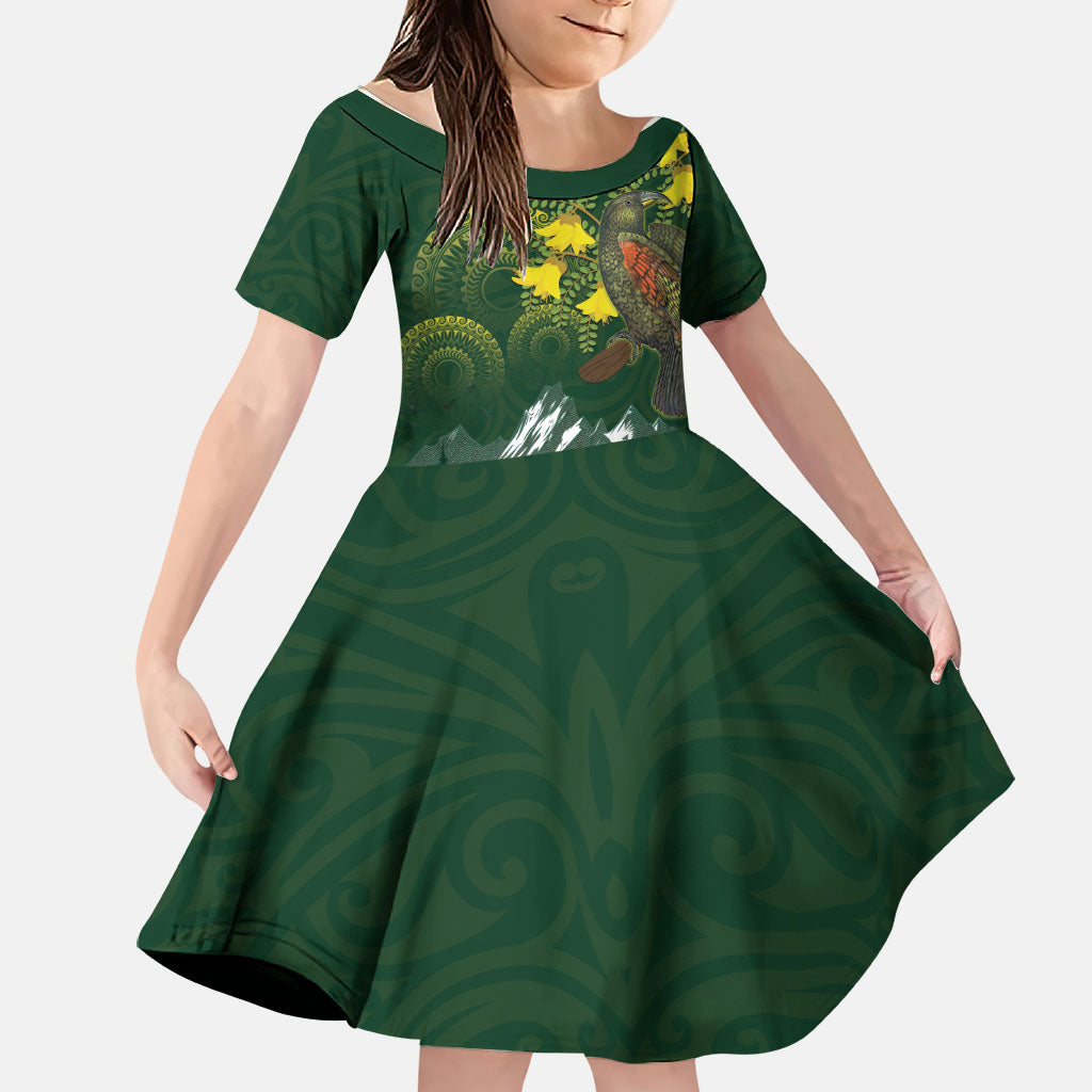 Kea Bird Kowhai New Zealand Family Matching Off The Shoulder Long Sleeve Dress and Hawaiian Shirt Mountain Landscape Maori Art LT22 Daughter's Dress Green - Polynesian Pride