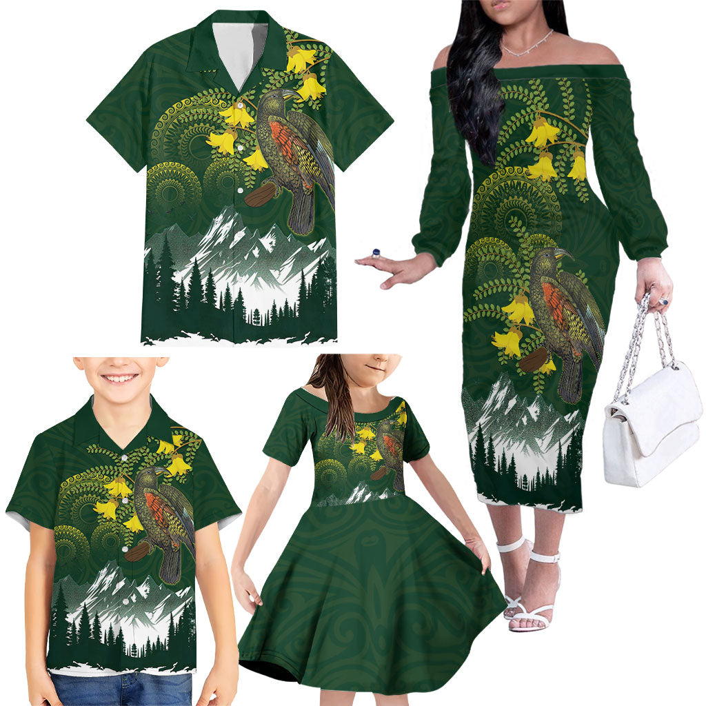 Kea Bird Kowhai New Zealand Family Matching Off The Shoulder Long Sleeve Dress and Hawaiian Shirt Mountain Landscape Maori Art LT22 - Polynesian Pride