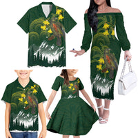 Kea Bird Kowhai New Zealand Family Matching Off The Shoulder Long Sleeve Dress and Hawaiian Shirt Mountain Landscape Maori Art LT22 - Polynesian Pride