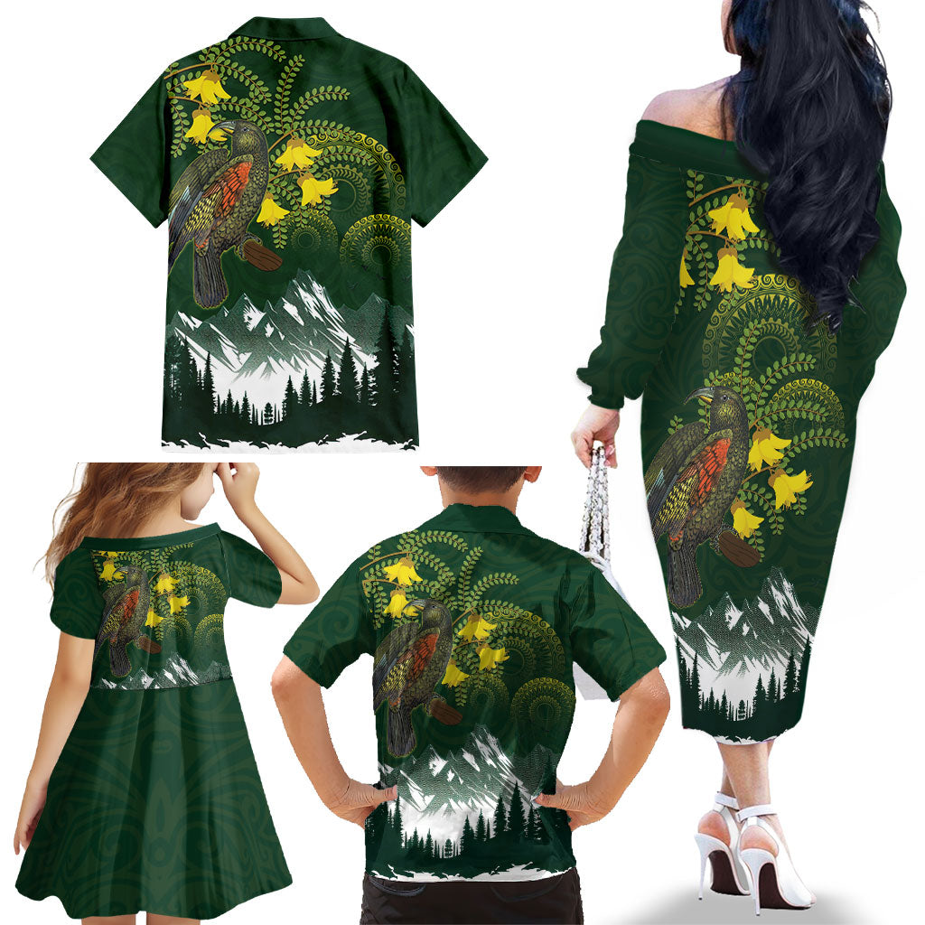 Kea Bird Kowhai New Zealand Family Matching Off The Shoulder Long Sleeve Dress and Hawaiian Shirt Mountain Landscape Maori Art LT22 - Polynesian Pride