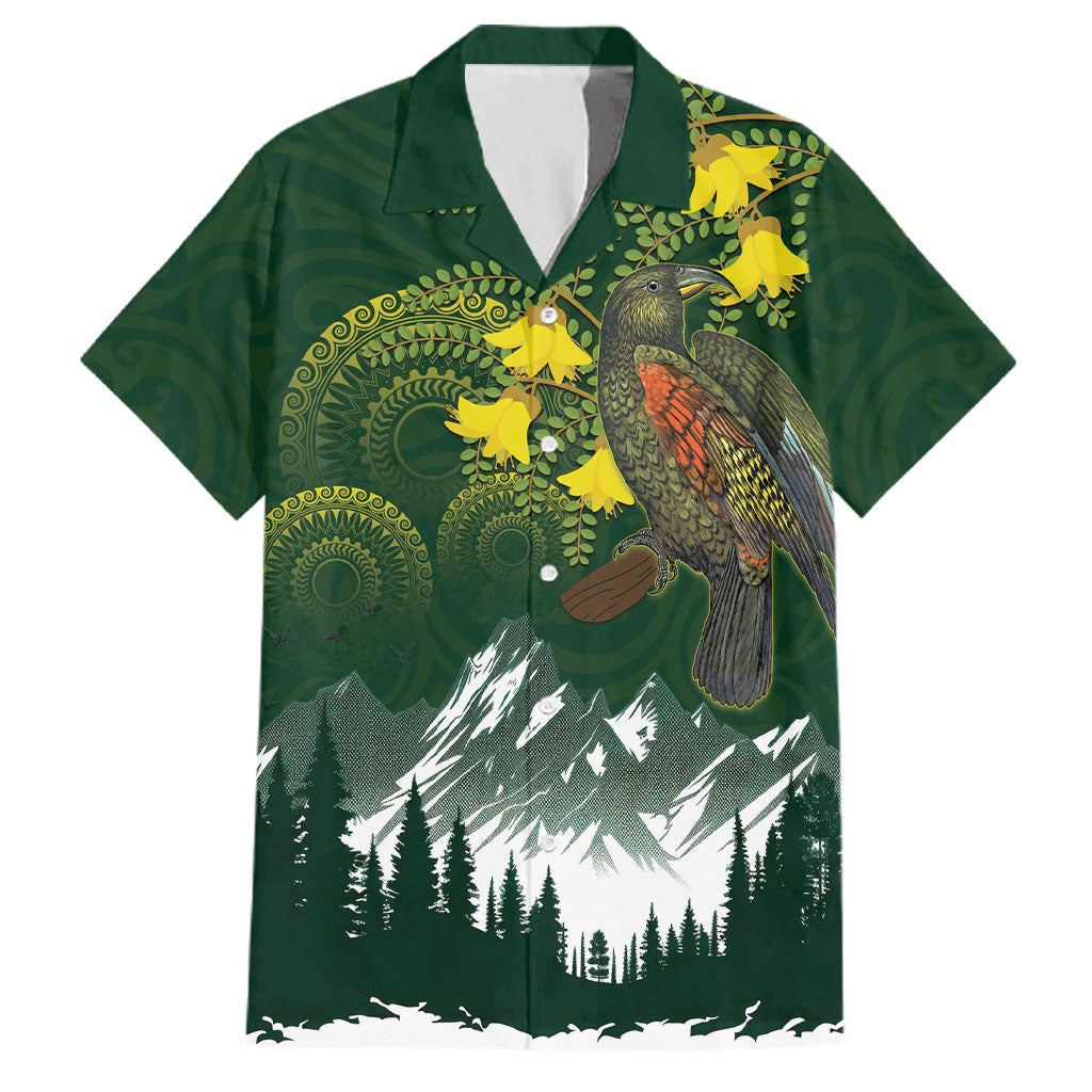 Kea Bird Kowhai New Zealand Family Matching Off The Shoulder Long Sleeve Dress and Hawaiian Shirt Mountain Landscape Maori Art LT22 Dad's Shirt - Short Sleeve Green - Polynesian Pride
