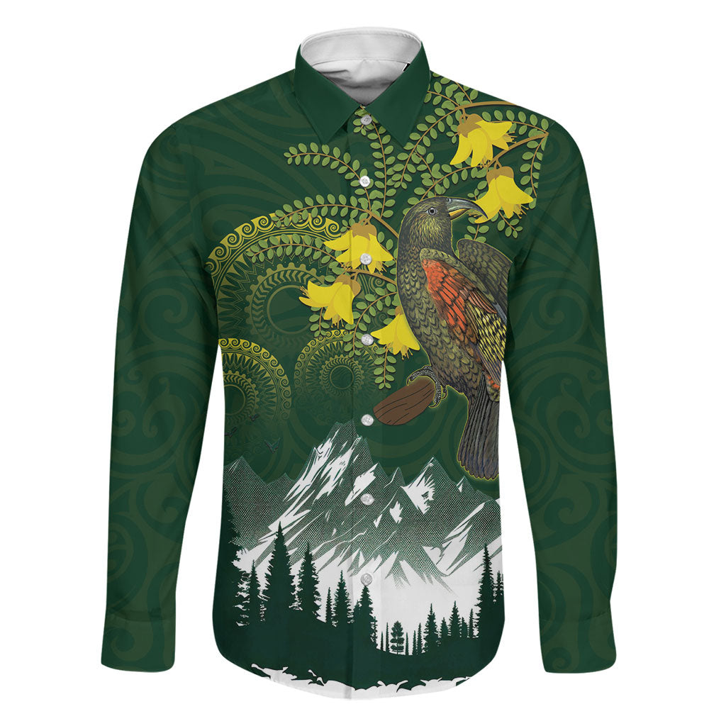 Kea Bird Kowhai New Zealand Family Matching Off The Shoulder Long Sleeve Dress and Hawaiian Shirt Mountain Landscape Maori Art LT22 Dad's Shirt - Long Sleeve Green - Polynesian Pride