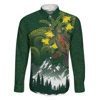 Kea Bird Kowhai New Zealand Family Matching Off The Shoulder Long Sleeve Dress and Hawaiian Shirt Mountain Landscape Maori Art LT22 Dad's Shirt - Long Sleeve Green - Polynesian Pride