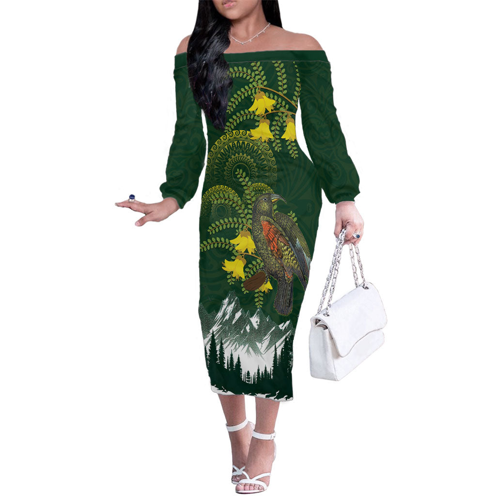 Kea Bird Kowhai New Zealand Family Matching Off The Shoulder Long Sleeve Dress and Hawaiian Shirt Mountain Landscape Maori Art LT22 Mom's Dress Green - Polynesian Pride