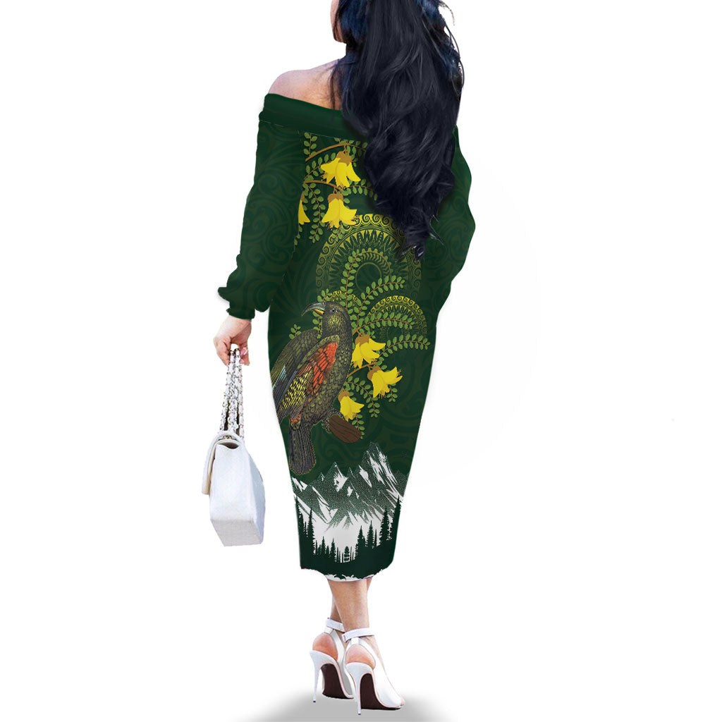 Kea Bird Kowhai New Zealand Family Matching Off The Shoulder Long Sleeve Dress and Hawaiian Shirt Mountain Landscape Maori Art LT22 - Polynesian Pride