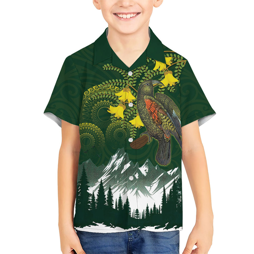 Kea Bird Kowhai New Zealand Family Matching Off The Shoulder Long Sleeve Dress and Hawaiian Shirt Mountain Landscape Maori Art LT22 Son's Shirt Green - Polynesian Pride